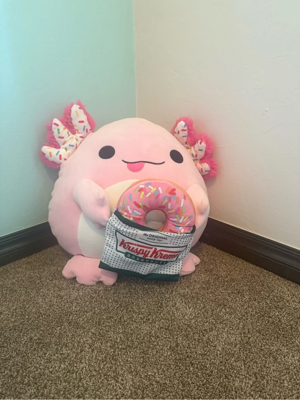 Squishmallow Krispy Kreme Pink Axolotl Plush with Donut Toy